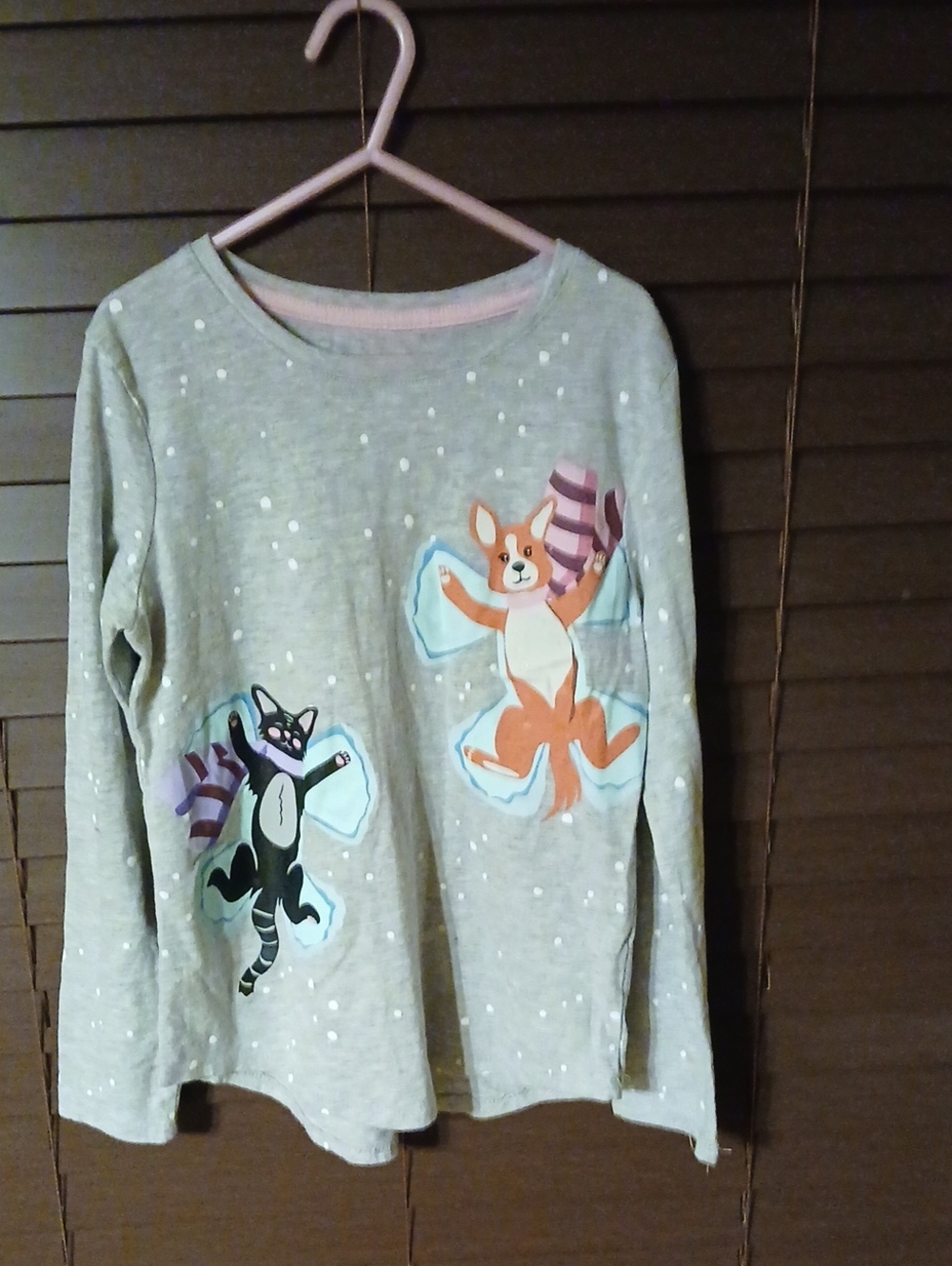 Girls' Light Gray Long-Sleeve Graphic Tee with Playful Fox and Cat